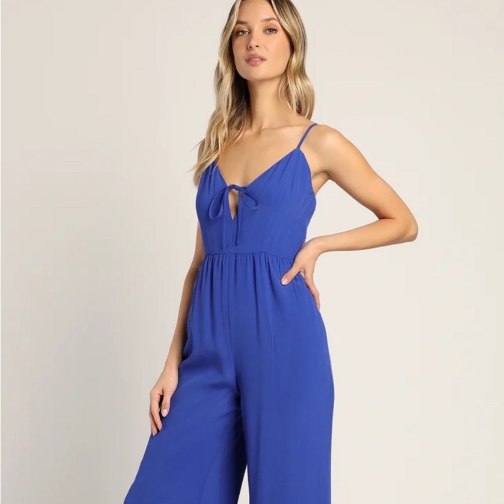 Lulu's Jumpsuit Keyhole Front Wide Leg Sleeveless Electric Blue Eye Catching NWT